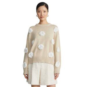 Lafayette 148 Fringe Trim Cut Out Sweater Womens Medium Tan Beige Crew Neck Knit